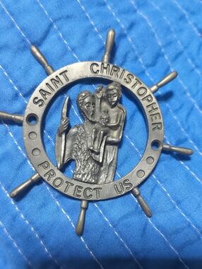 Vintage Saint Christopher Protect Us Boat Medal - Pewter Toned Wheel Pendant